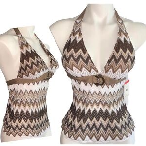NWT Perry Ellis Chevron Tankini Halter Bikini Top Padded O-Ring